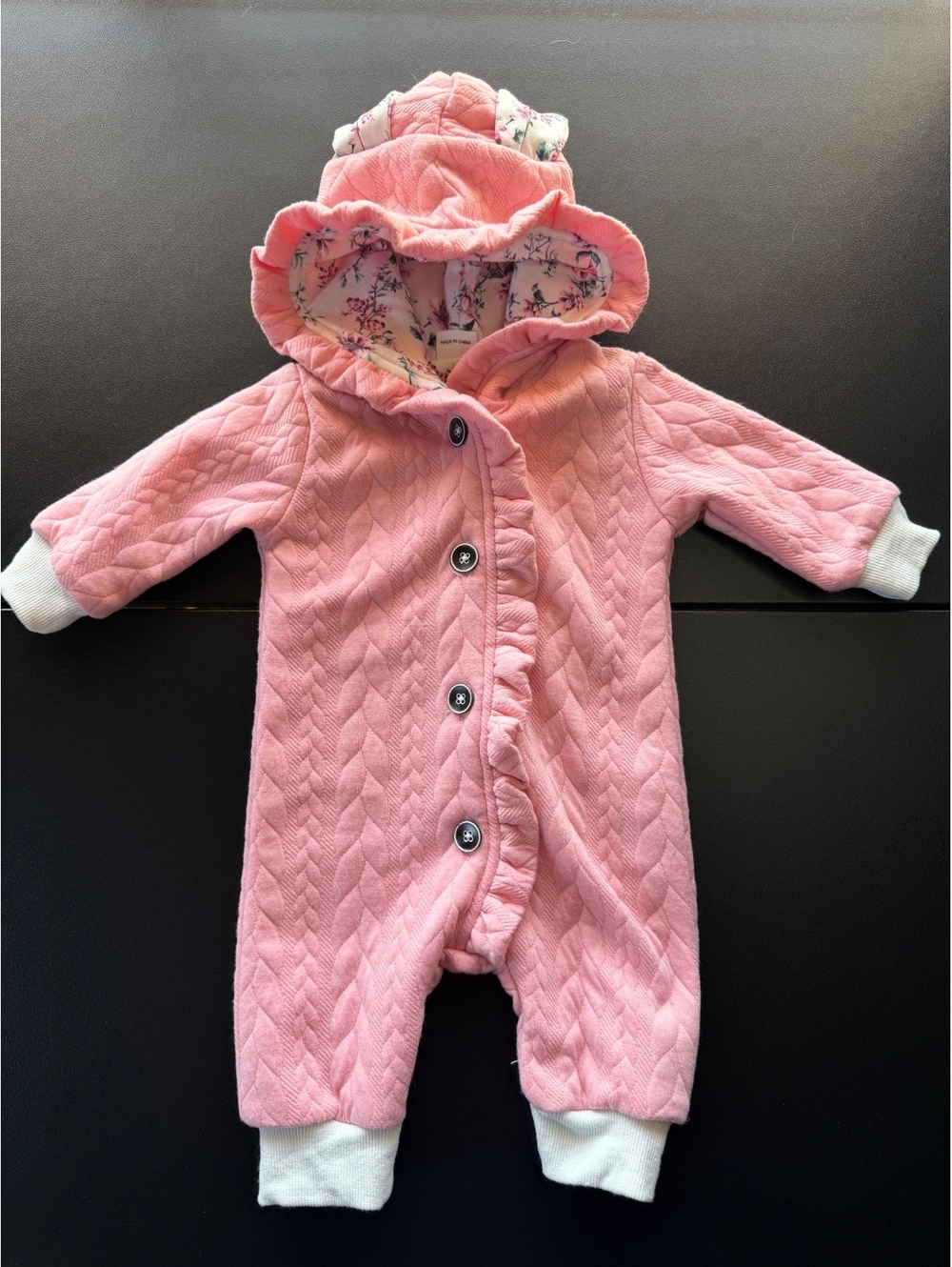 PatPat Baby Girl 0-3M Pink Quilted Hooded Romper Floral Lined Bear Ears